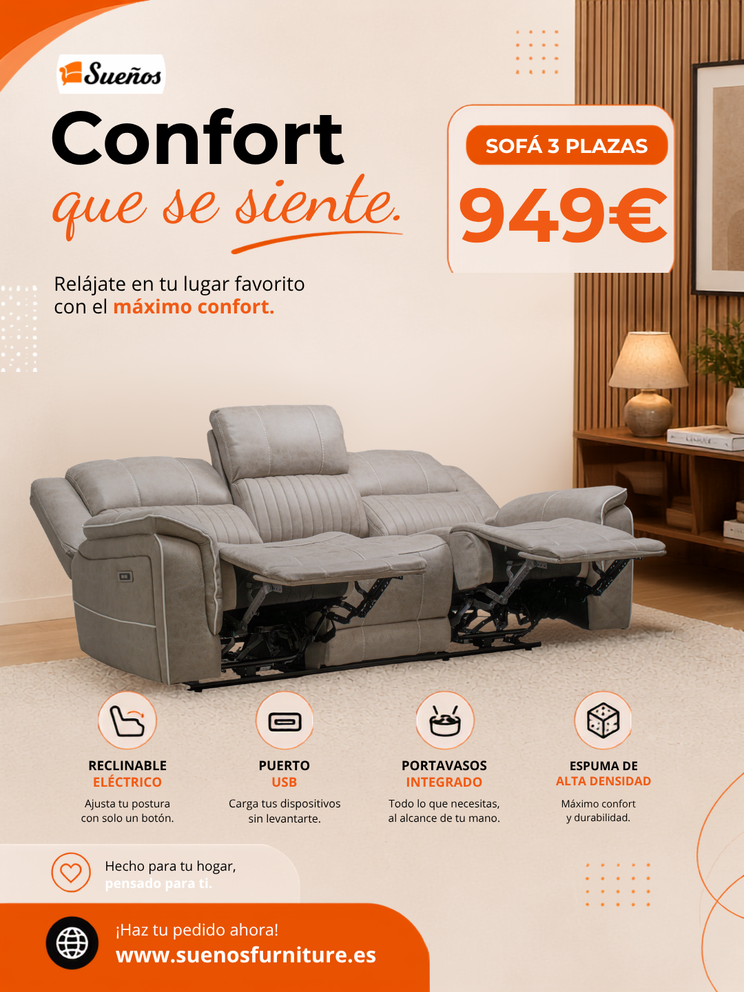 Maria Sofa 3 Seater Beige with console and cup holders Maria Sofa 3 Seater Beige with console and cup holders