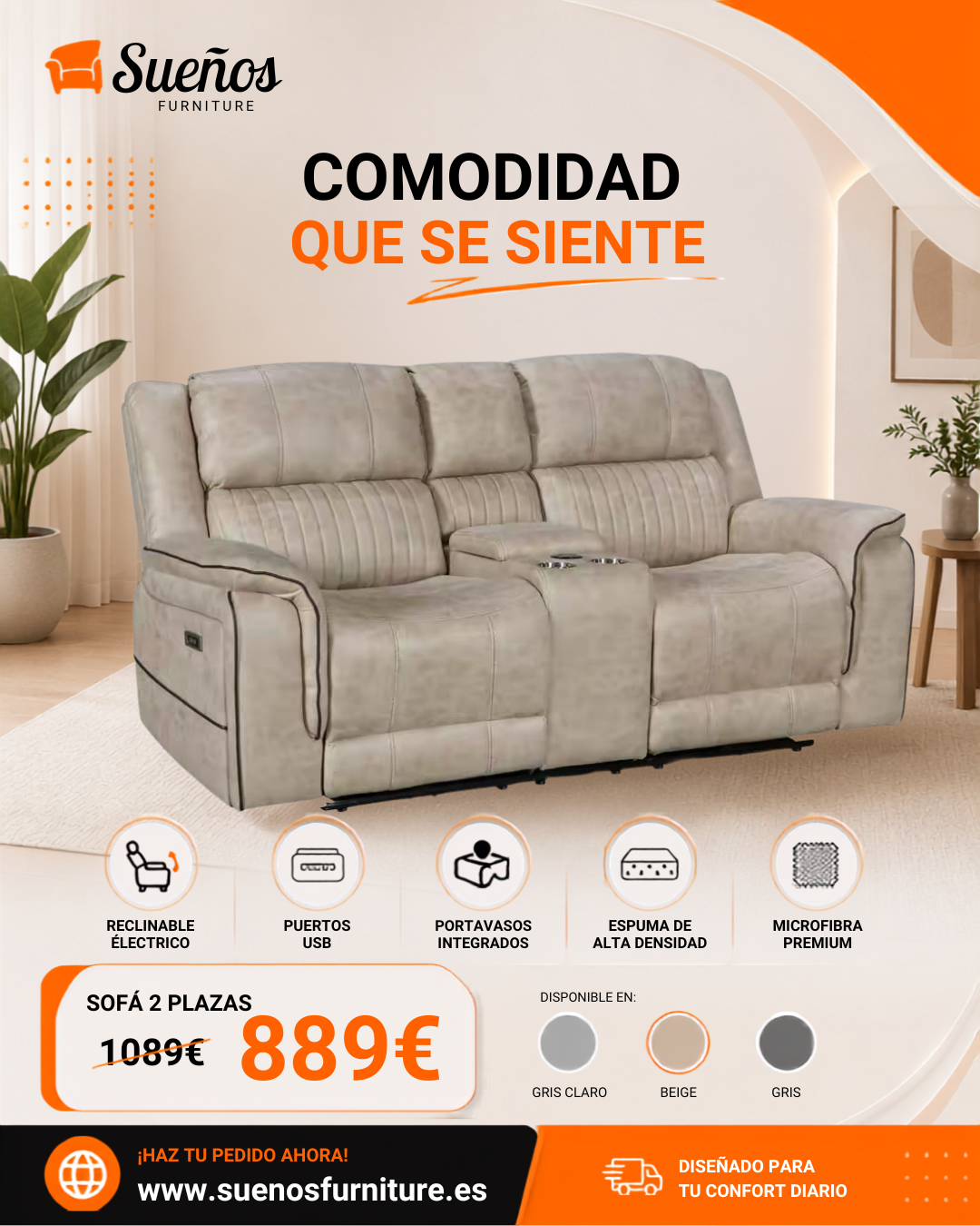 Maria Sofa 2 Seater Beige with console and cup holders Maria Sofa 2 Seater Beige with console and cup holders