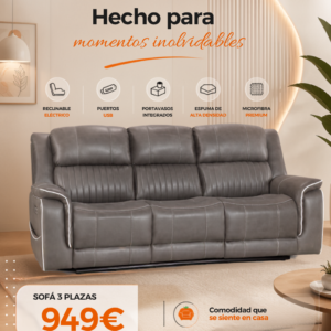 Maria Sofa 3 Seater Gris with console and cup holders