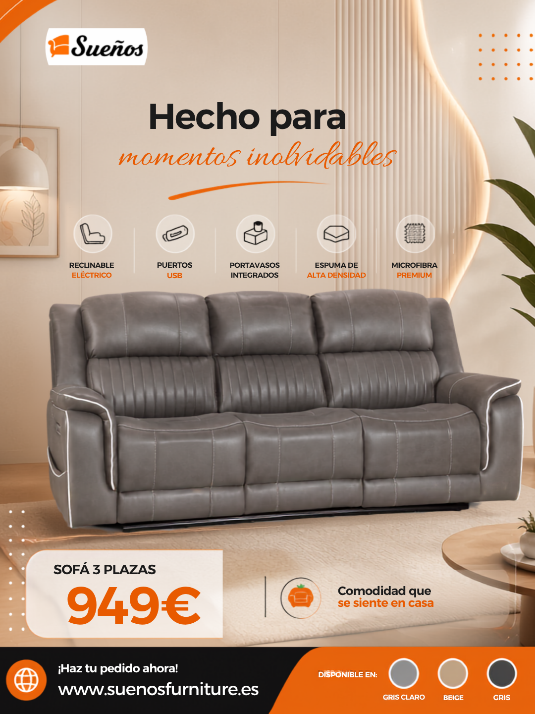 Maria Sofa 3 Seater Gris with console and cup holders Maria Sofa 3 Seater Gris with console and cup holders