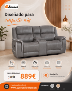 Maria Sofa 2 Seater Gris with console and cup holders