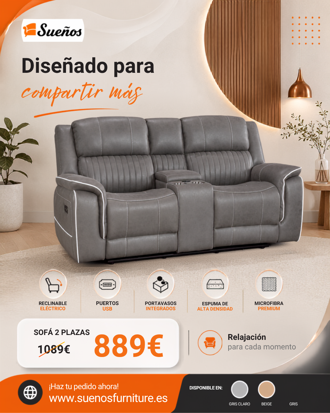 Maria Sofa 2 Seater Gris with console and cup holders Maria Sofa 2 Seater Gris with console and cup holders