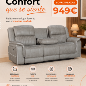 Maria Sofa 3 Seater Gris Claro with console and cup holders