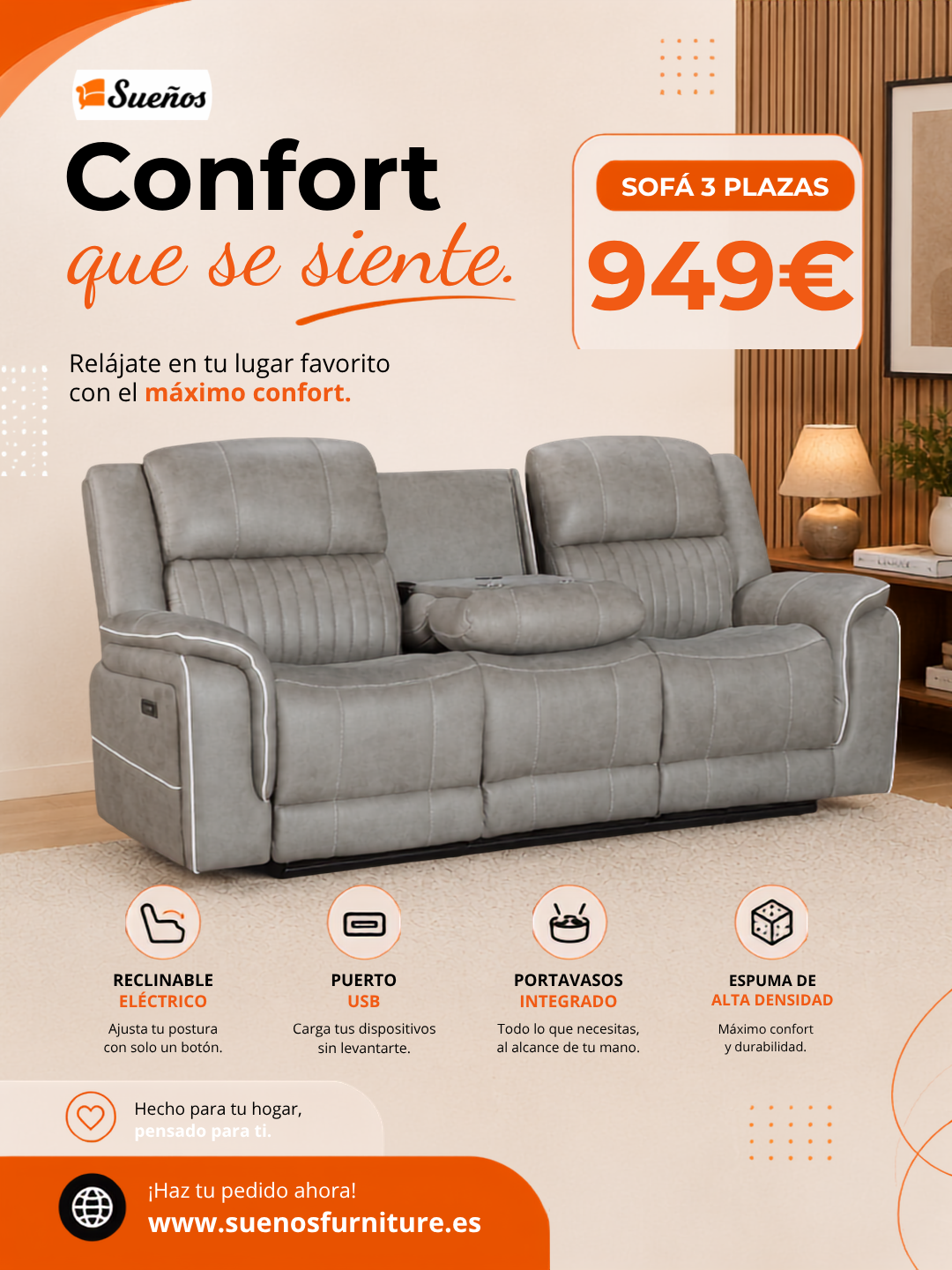 Maria Sofa 3 Seater Gris Claro with console and cup holders Maria Sofa 3 Seater Gris Claro with console and cup holders